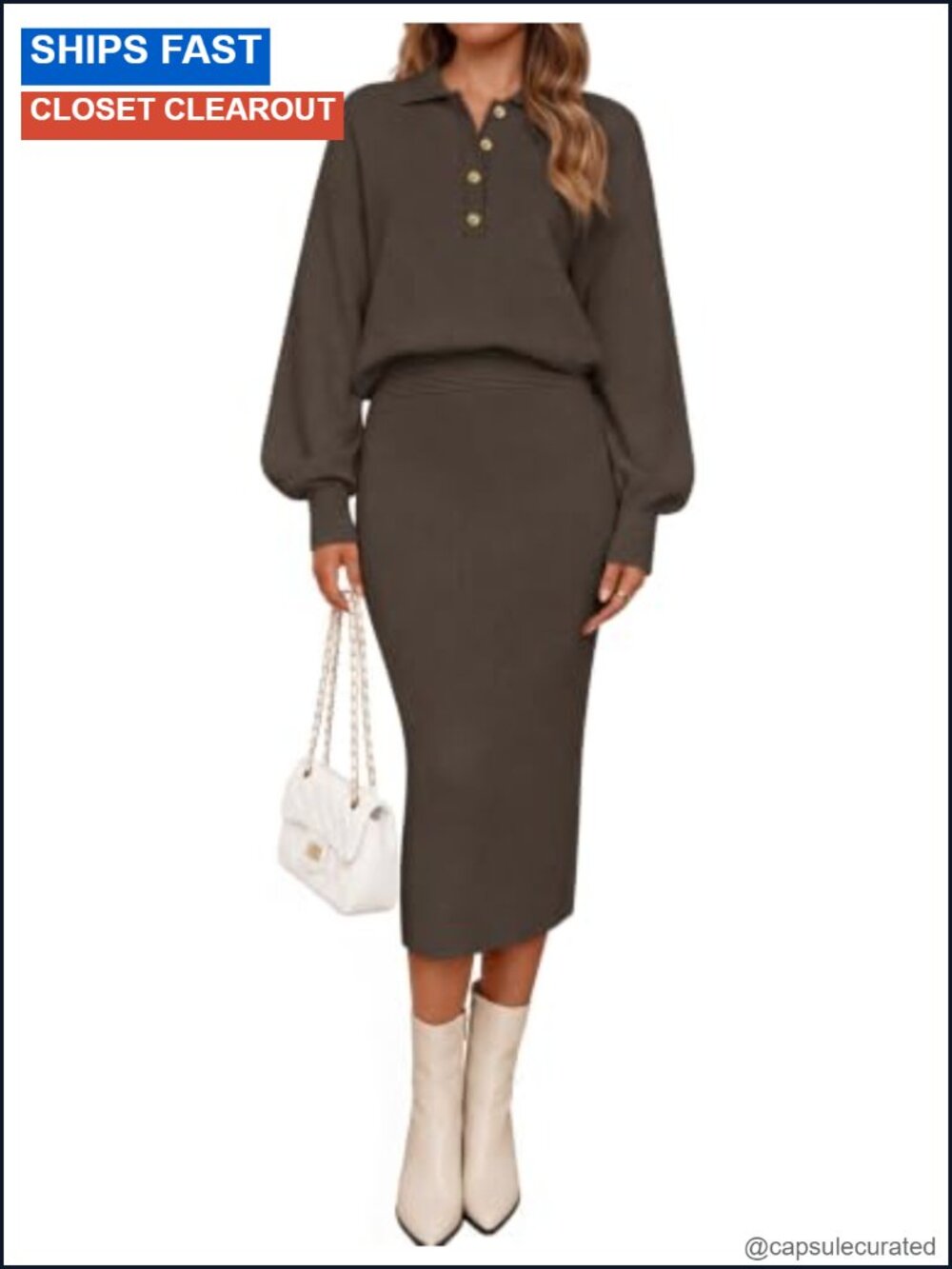 Long Sleeve Bodycon Midi Sweater Dress, Knit Puff Sleeve